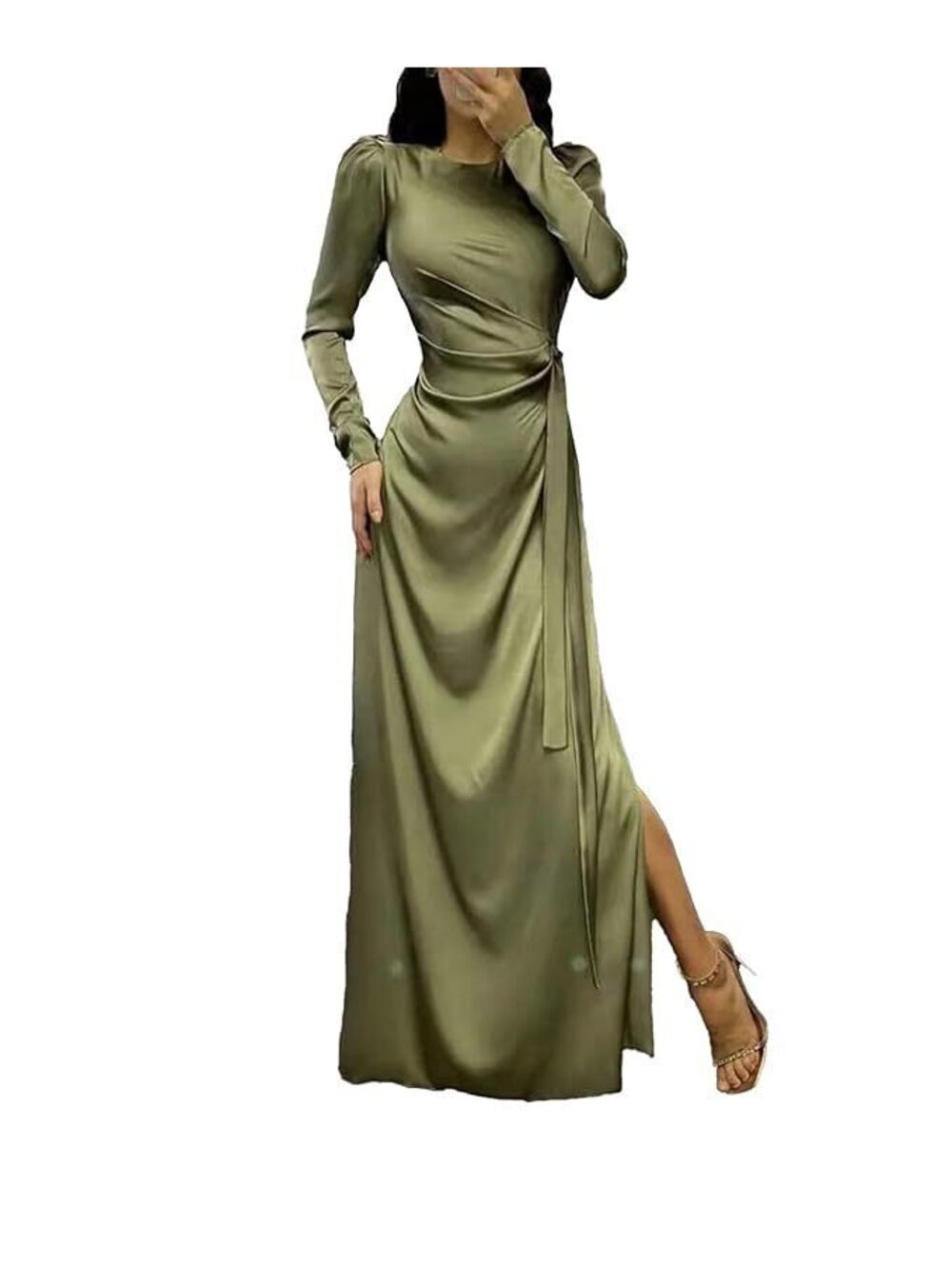 Olive Green Evening Dress 4 Mother of Bride/Groom Satin Long Sleeve Modest NWT
